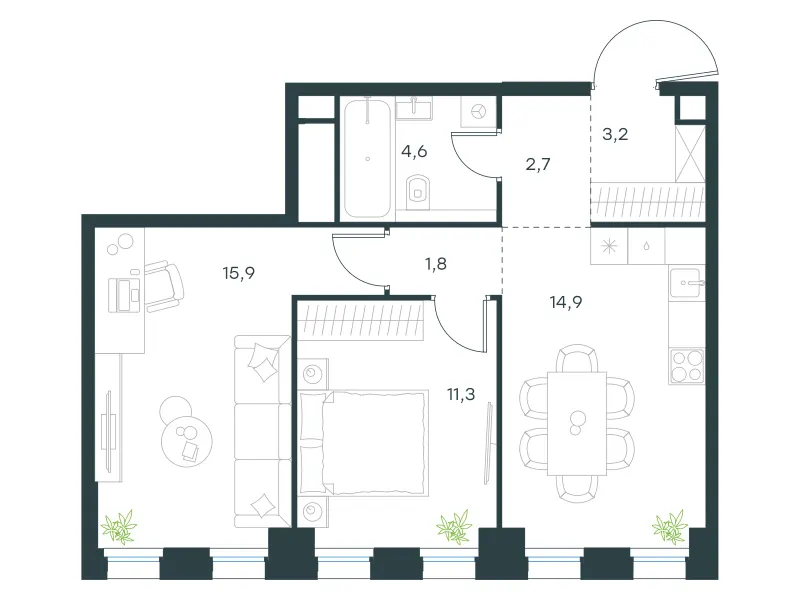 2-комн. 54.4 м²