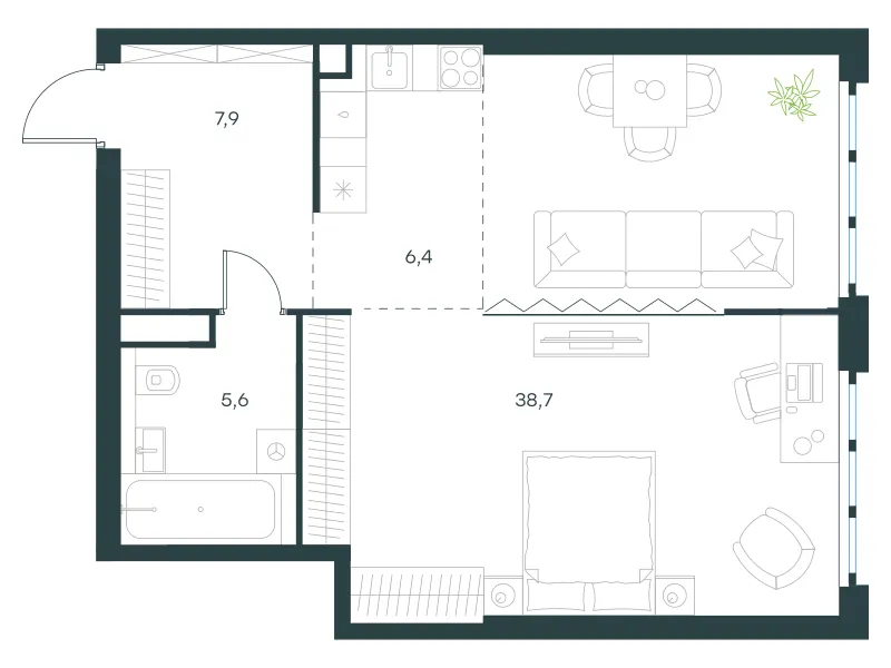 1-комн. 58.6 м²