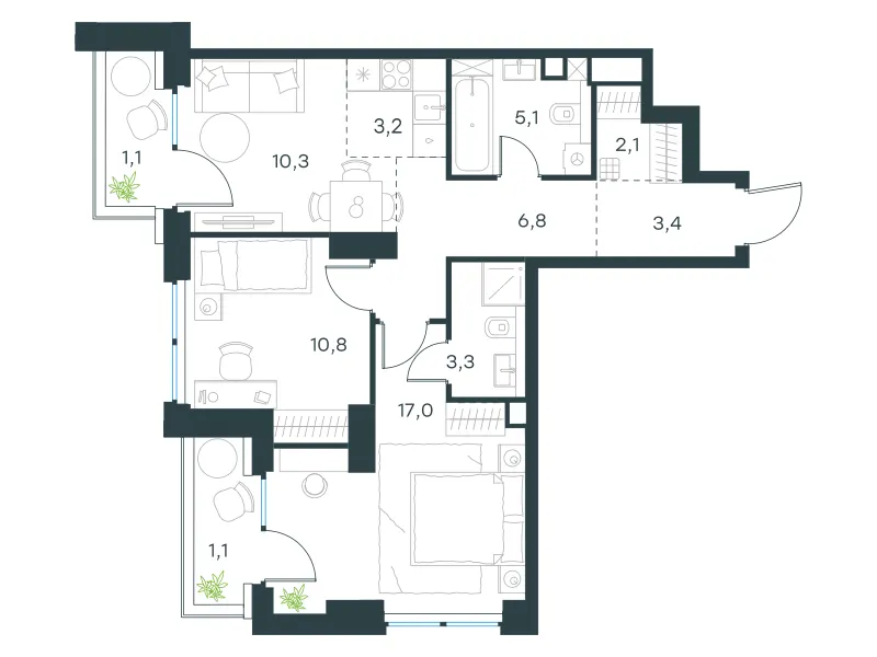 3-комн. 64.2 м²