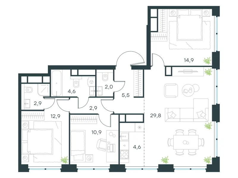 4-комн. 91 м²