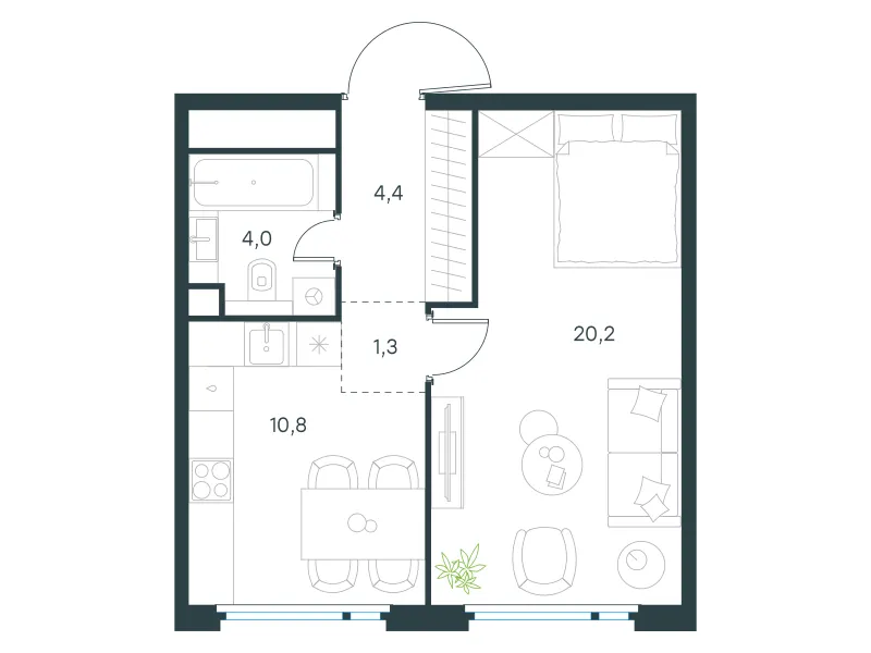 1-комн. 40.7 м²
