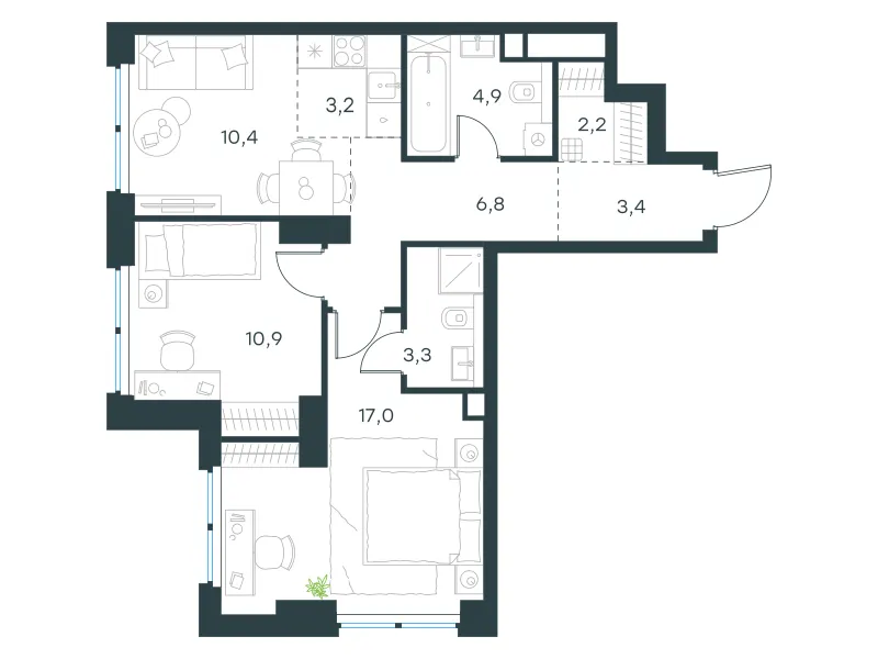 3-комн. 62.1 м²