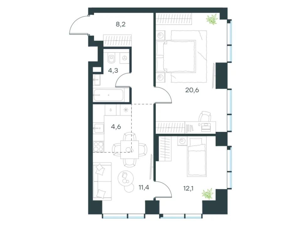 3-комн. 61,2 м²
