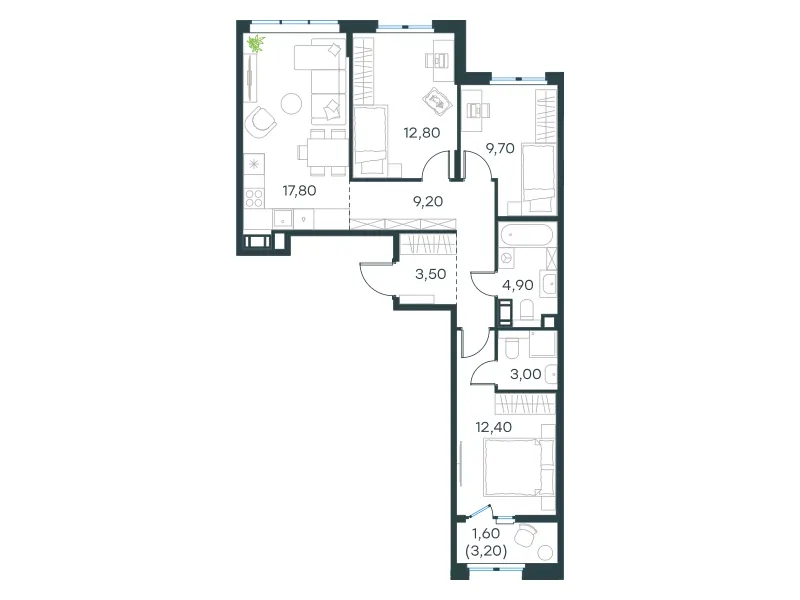 3-комн. 74.9 м²