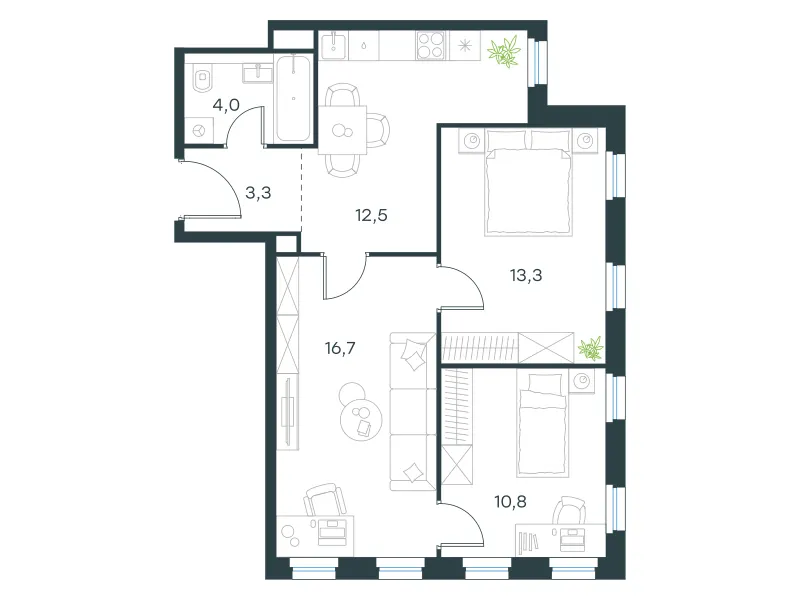 3-комн. 60.6 м²