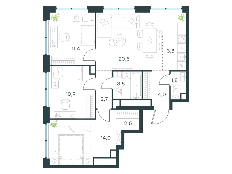 4-комн. 75.1 м²