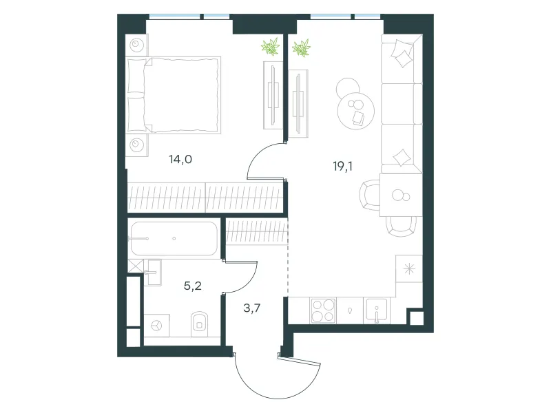1-комн. 42 м²