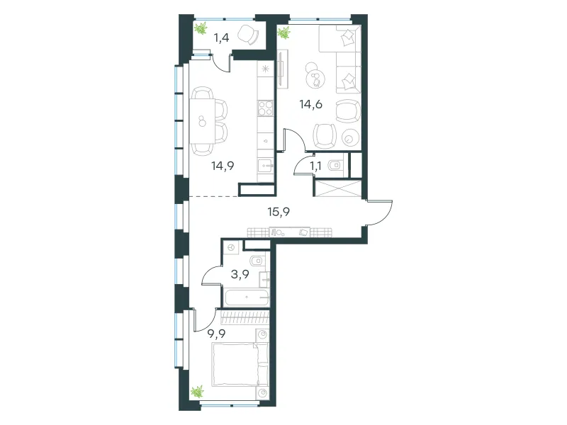 2-комн. 61.7 м²
