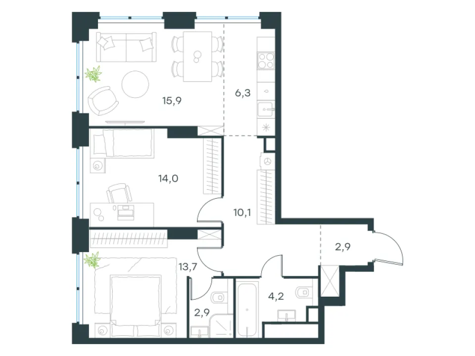 3-комн. 70 м²