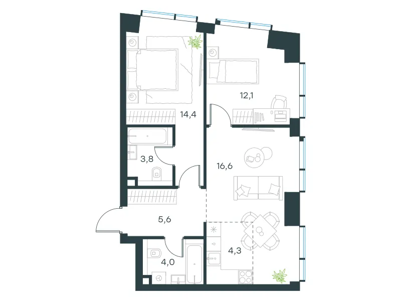 3-комн. 60.8 м²