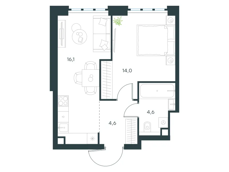 1-комн. 39.3 м²
