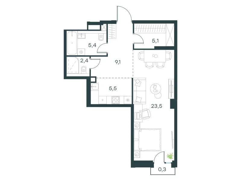 1-комн. 51.3 м²