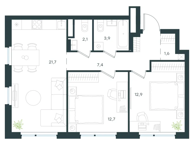 2-комн. 62.3 м²