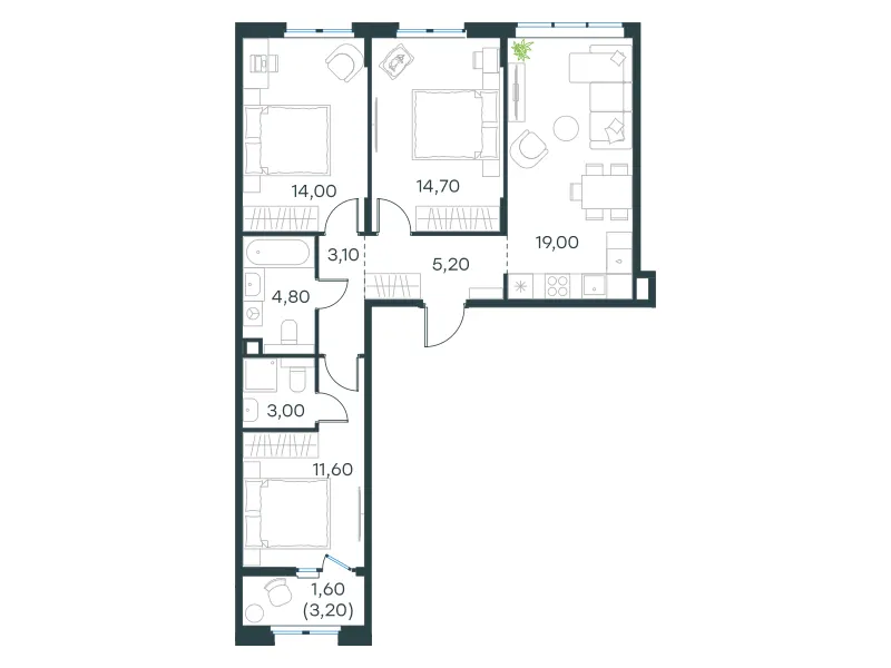 3-комн. 77 м²