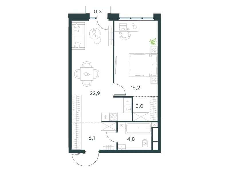 1-комн. 53.3 м²