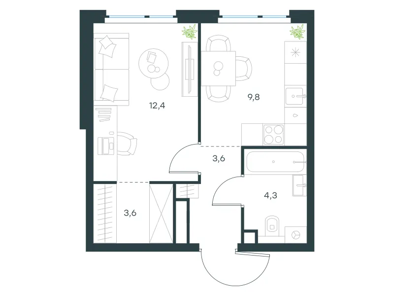 1-комн. 33.7 м²