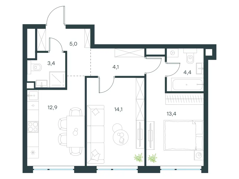 2-комн. 57.7 м²