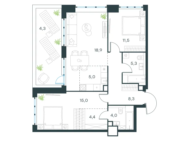3-комн. 76.7 м²