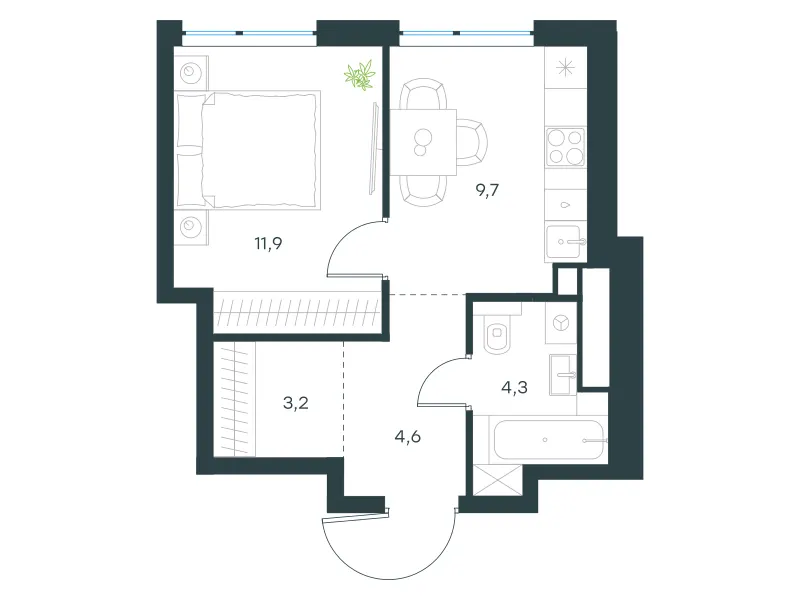 1-комн. 33.8 м²