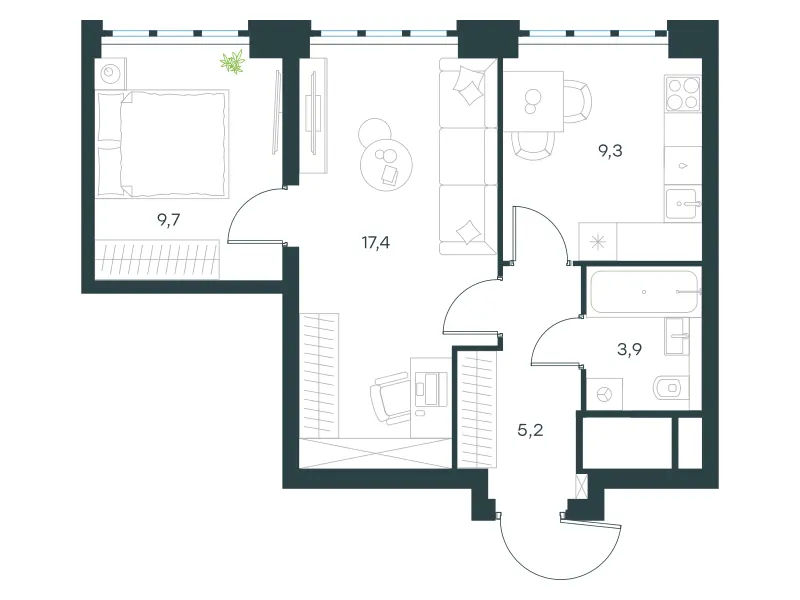 2-комн. 45.5 м²
