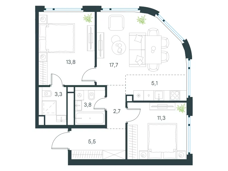 3-комн. 63.2 м²