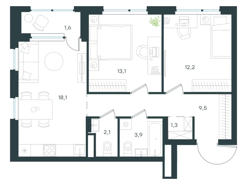 2-комн. 61.8 м²