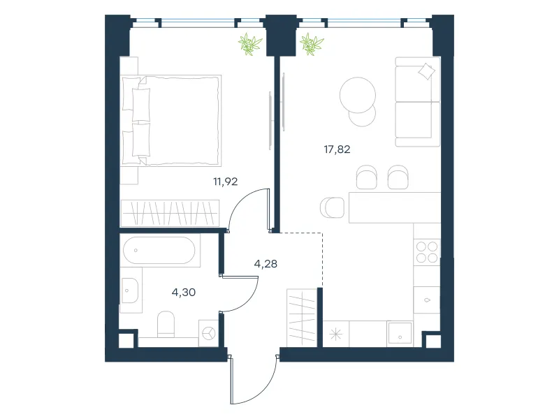 1-комн. 38.4 м²