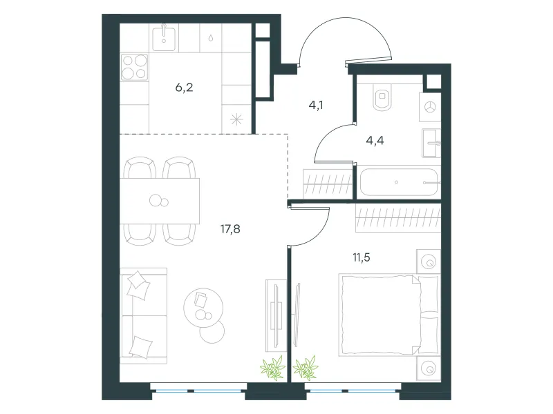 2-комн. 43.8 м²