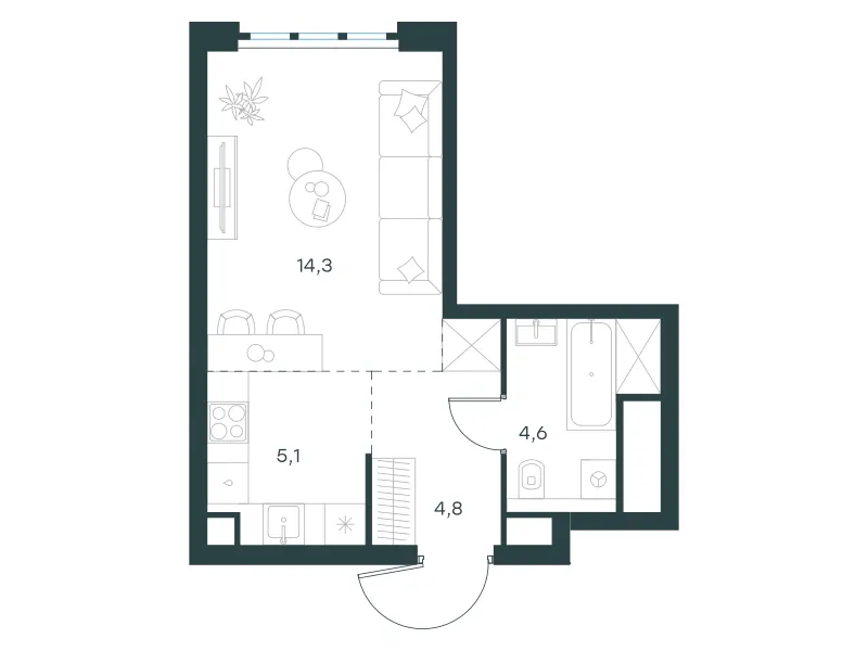 Студия 28.8 м²