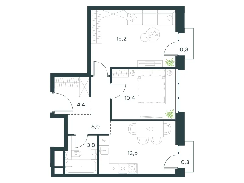 2-комн. 53 м²