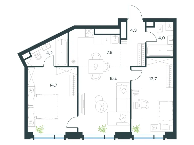 3-комн. 64.3 м²