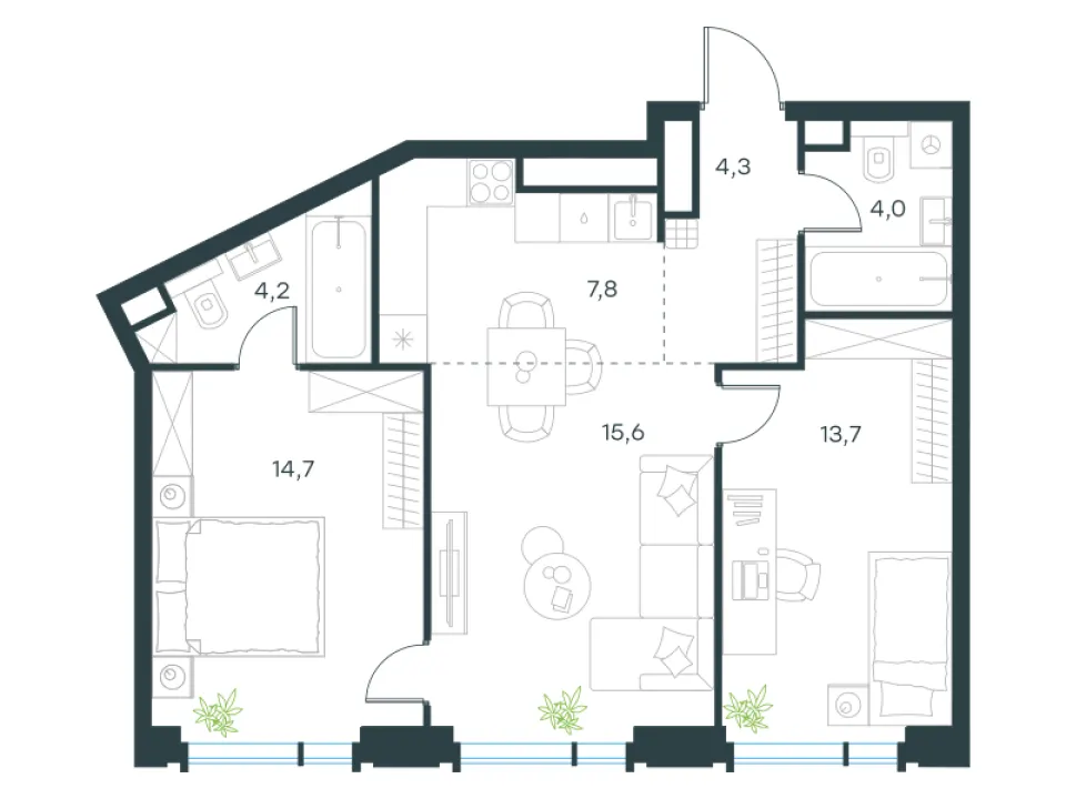 3-комн. 64,3 м²