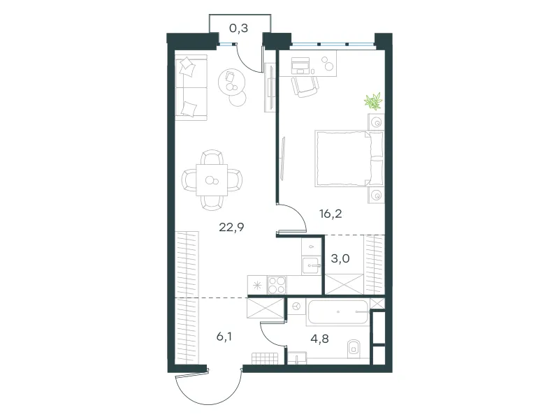 1-комн. 53.3 м²