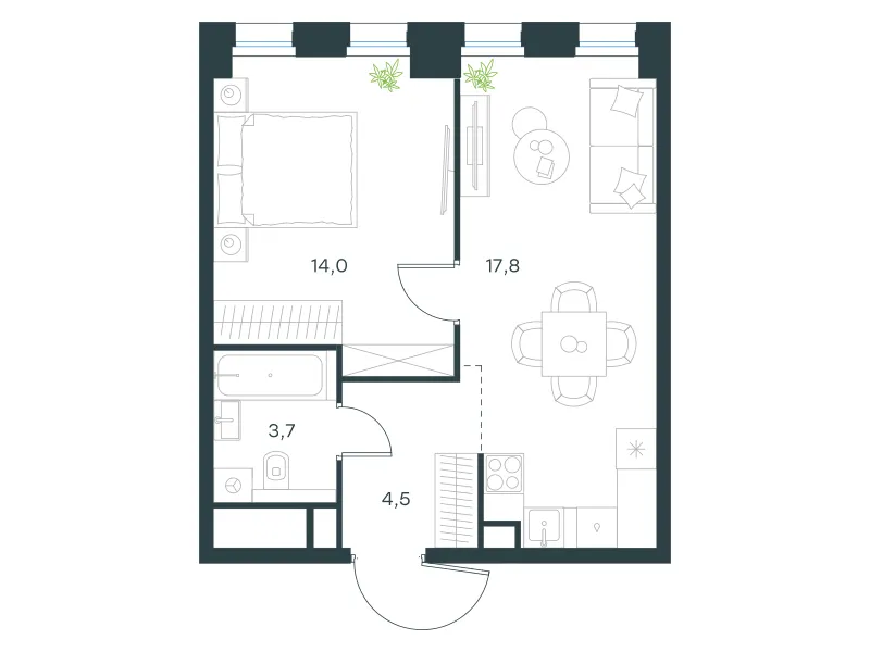 1-комн. 40 м²