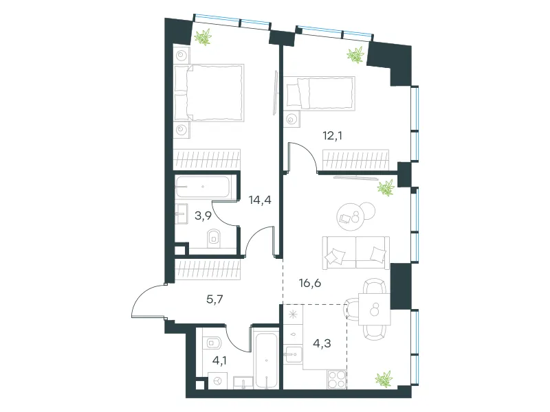 3-комн. 61.1 м²