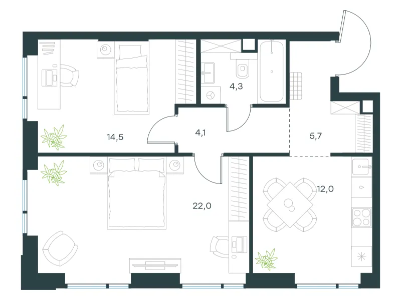2-комн. 62.6 м²