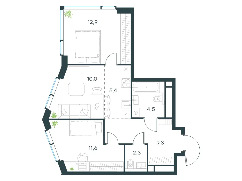 3-комн. 57.1 м²