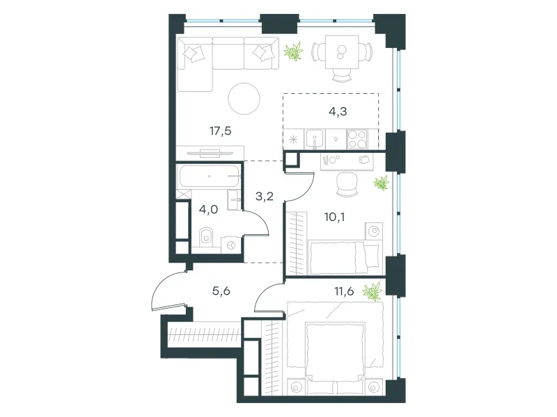 3-комн. 56.3 м²