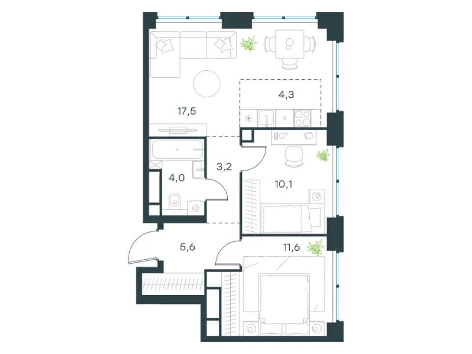 3-комн. 56,3 м²