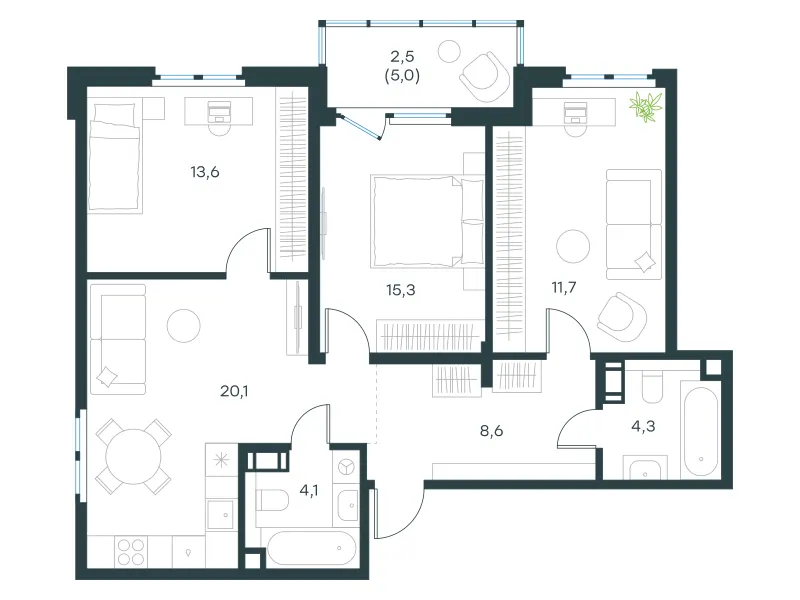 3-комн. 79.8 м²