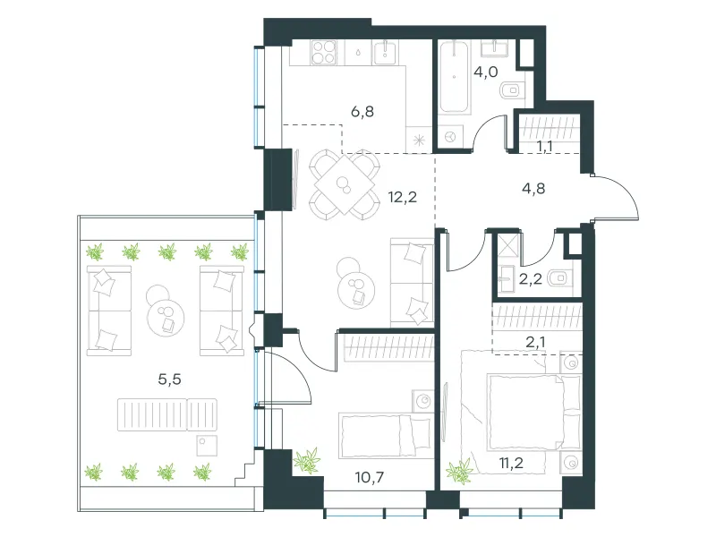 3-комн. 60.6 м²