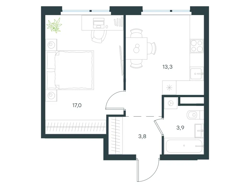 1-комн. 38 м²