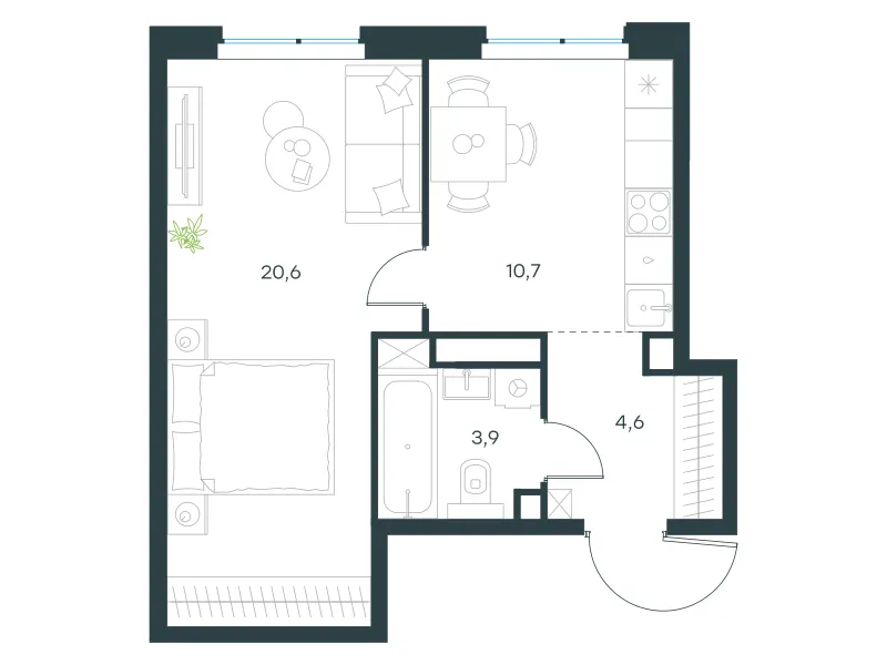 1-комн. 39.8 м²
