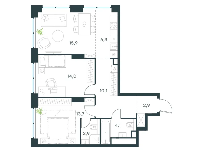3-комн. 69.9 м²