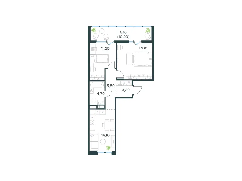 2-комн. 61.1 м²