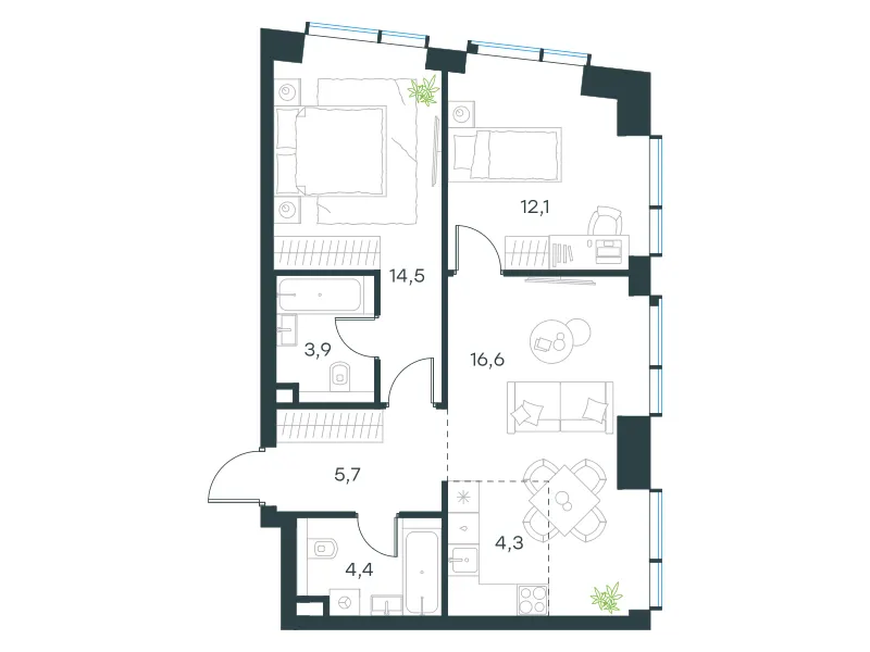 3-комн. 61.5 м²
