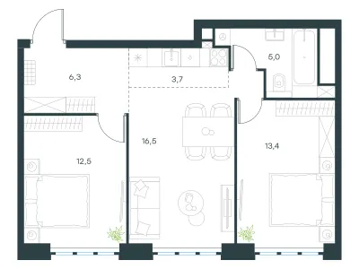 57,4 м² — планировка