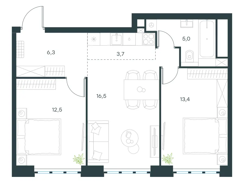 3-комн. 57.4 м²