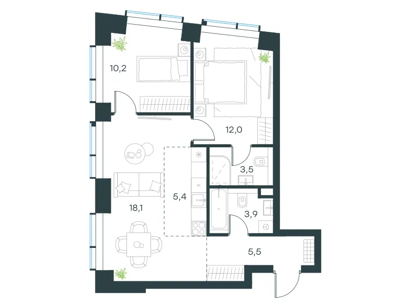 3-комн. 58.6 м²
