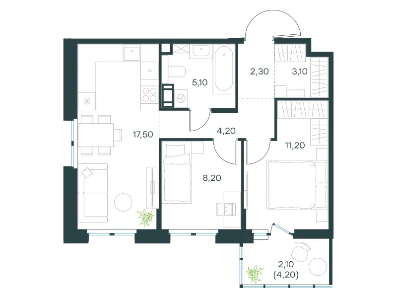 2-комн. 53.7 м²